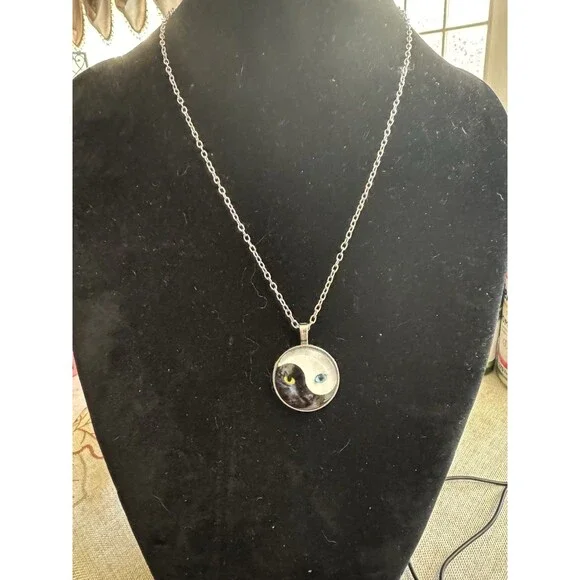 Yin Yang Cat Pendant Necklace – 20 Inches, Silver Tone Chain - Picture 3 of 7